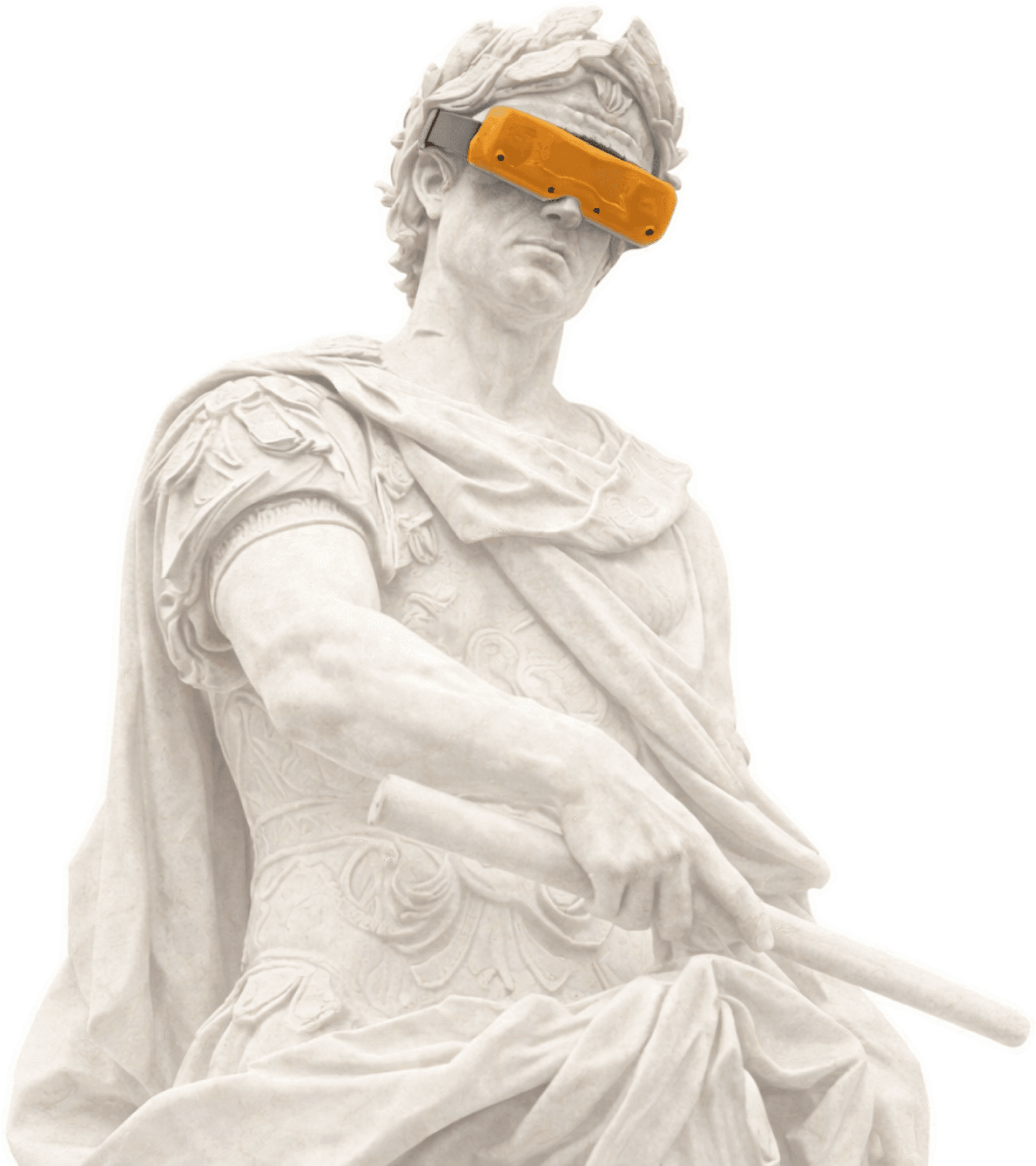 Classical European statue with a modern orange visor, evoking control and operational independence.