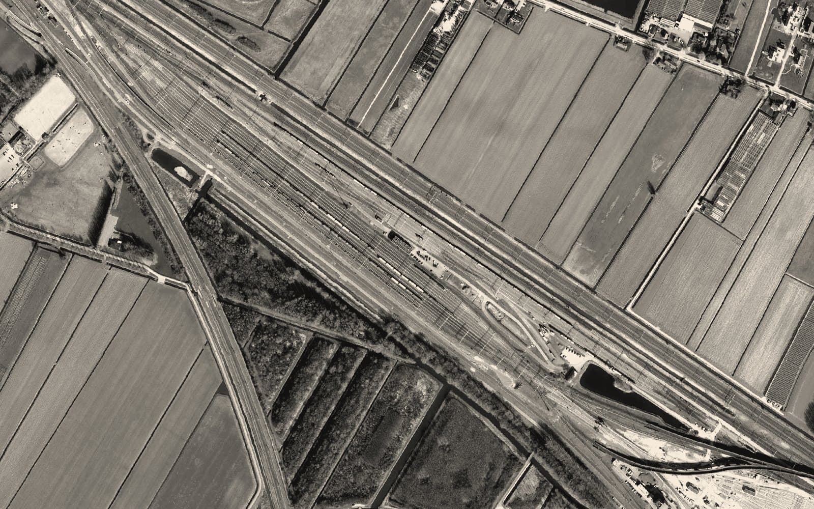 Aerial view of a rail marshalling yard, freight trains fanned across the tracks: coordination made visible