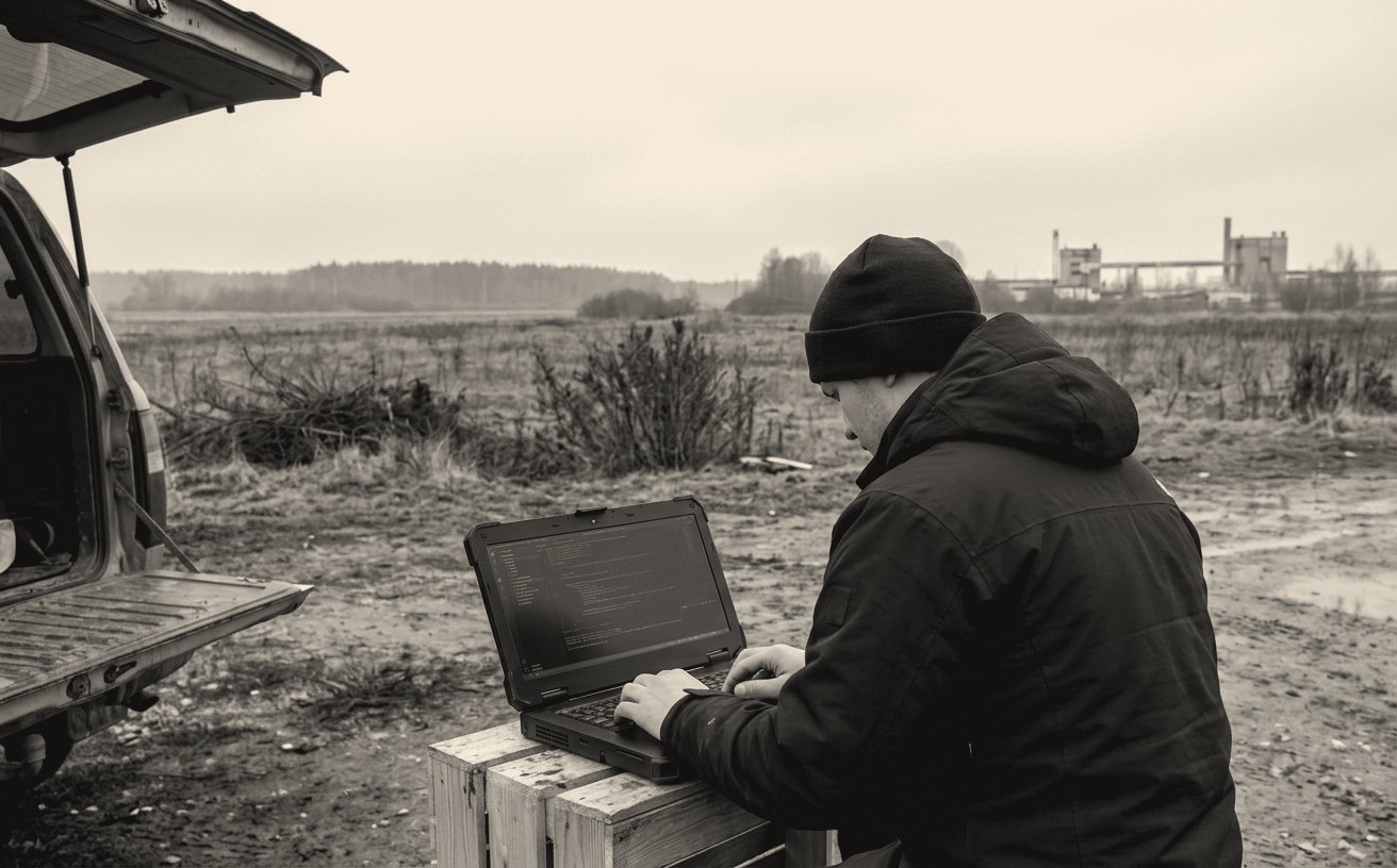 A software engineer works on a rugged laptop beside an open vehicle boot in a misty field, an industrial facility visible in the distance.