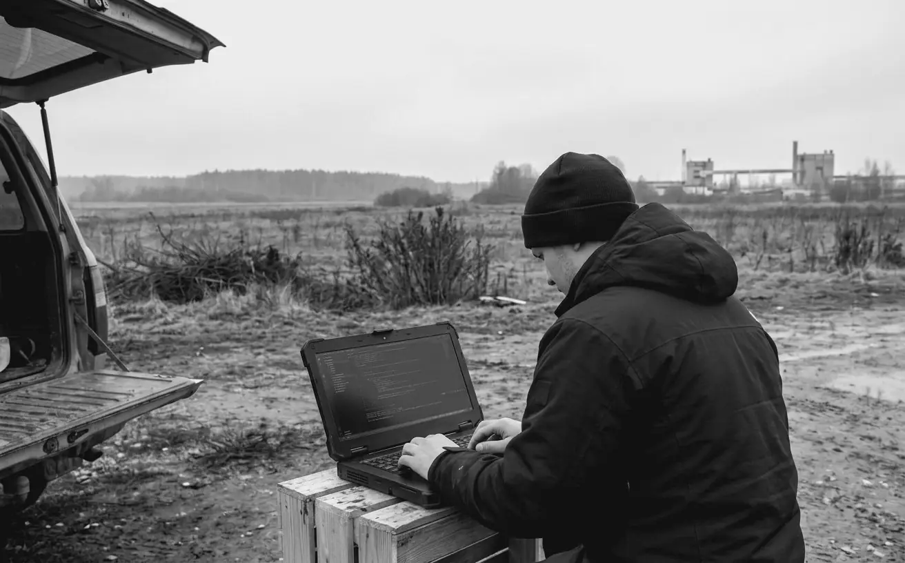 A software engineer works on a rugged laptop beside an open vehicle boot in a misty field, an industrial facility visible in the distance.